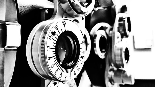 Black and white close up of tools used by optometrists